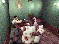 Chris opens fire on a few sorry looking zombies